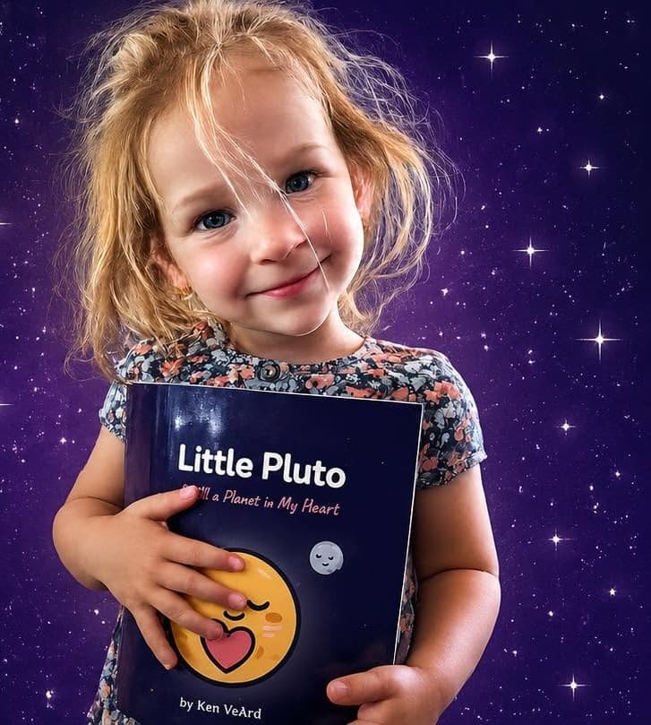 A smiling young girl hugging her copy of Little Pluto, the golden planet and its pink heart on the cover, against a starry purple sky.