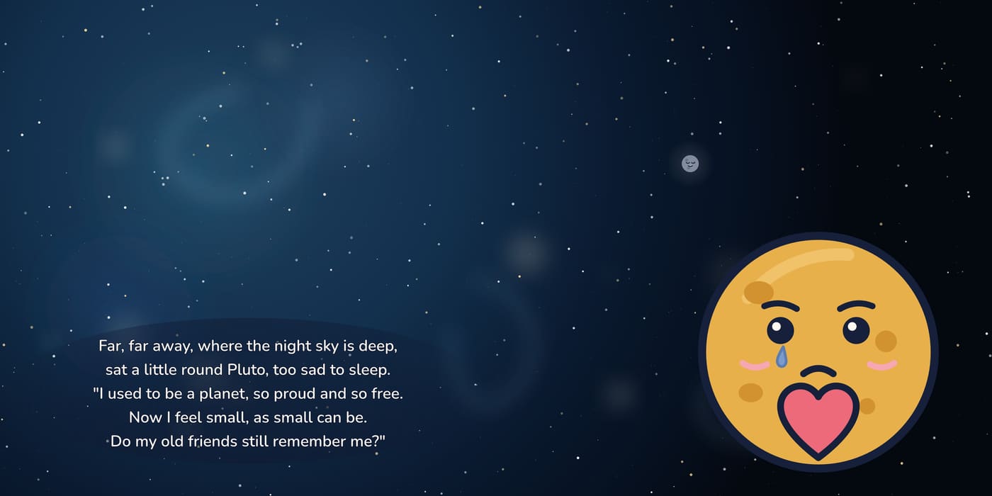 Little Pluto sits alone at the deep blue edge of space, a tear on its cheek and a heart on its chest.